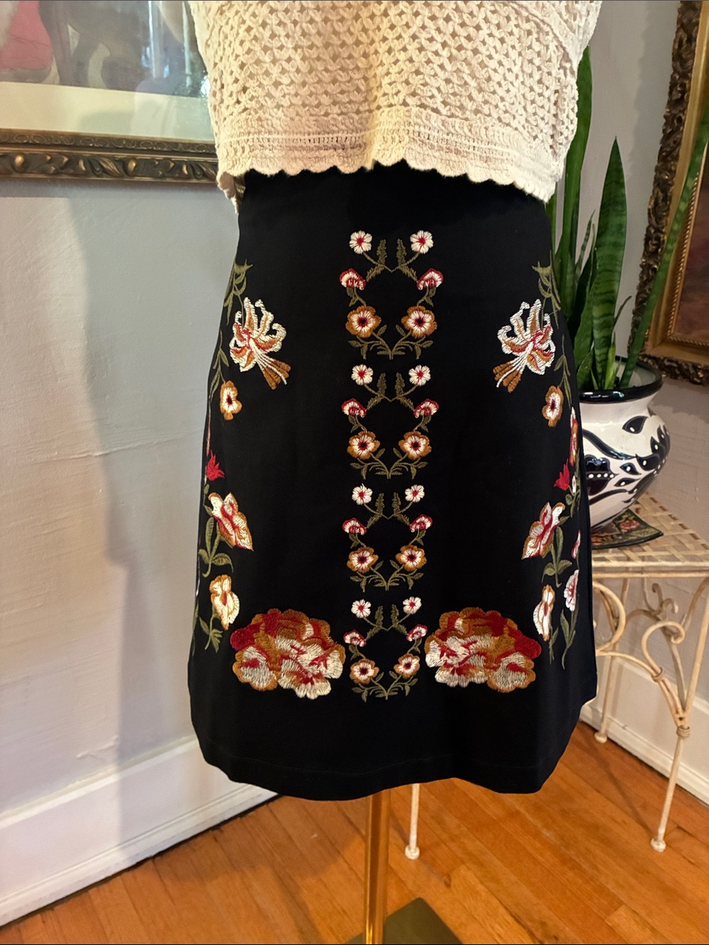 Black Embroidered Floral Mini Skirt